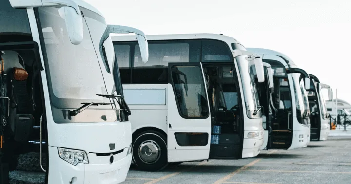 Fileira de ônibus rodoviários brancos estacionados lado a lado em pátio, com portas dianteiras abertas