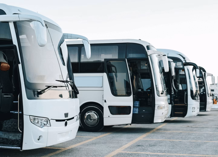Fileira de ônibus rodoviários brancos estacionados lado a lado em pátio, com portas dianteiras abertas