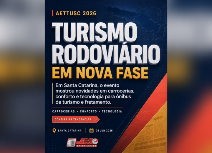 Turismo rodoviário em nova fase durante a AETTUSC 2026 com destaque para conforto, tecnologia e novas carrocerias para ônibus de turismo e fretamento.