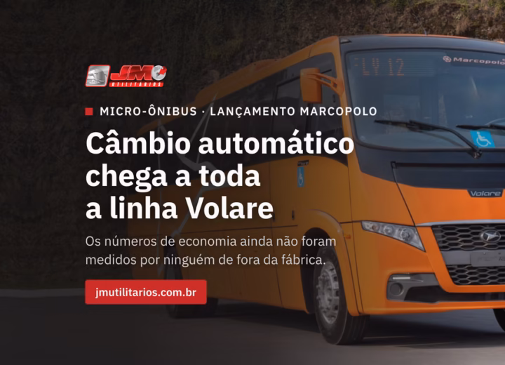 Micro-ônibus Volare Fly 12 0km da Marcopolo, geração atual, com o título 'Câmbio automático chega a toda a linha Volare' e o logo da JM Utilitários na capa da matéria.