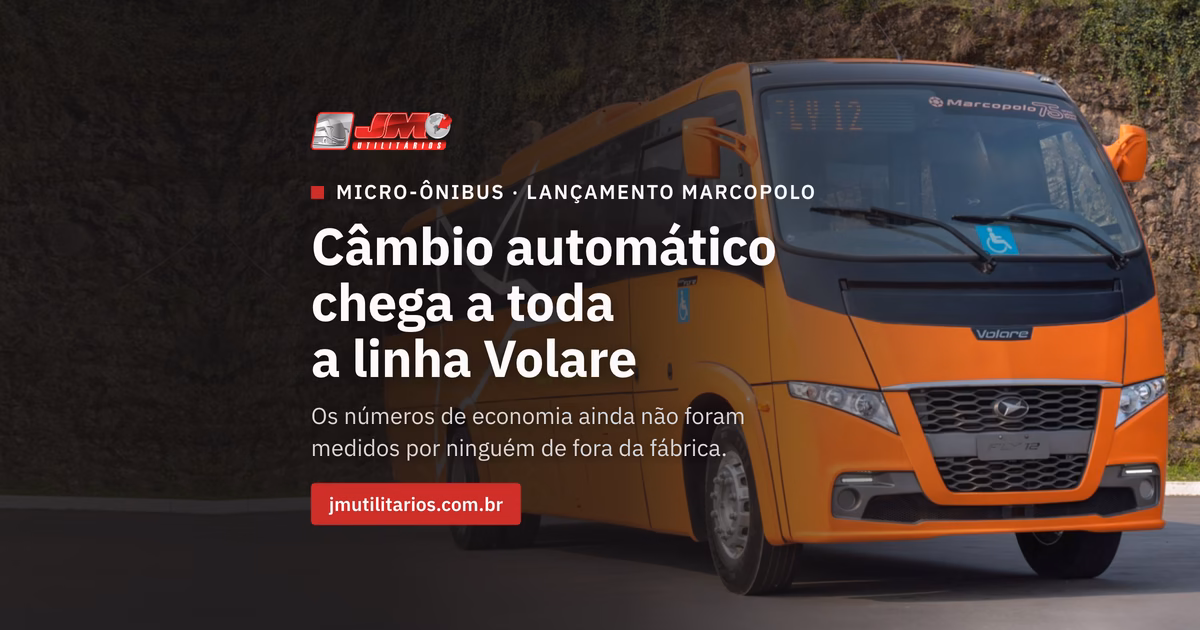Micro-ônibus Volare Fly 12 0km da Marcopolo, geração atual, com o título 'Câmbio automático chega a toda a linha Volare' e o logo da JM Utilitários na capa da matéria.