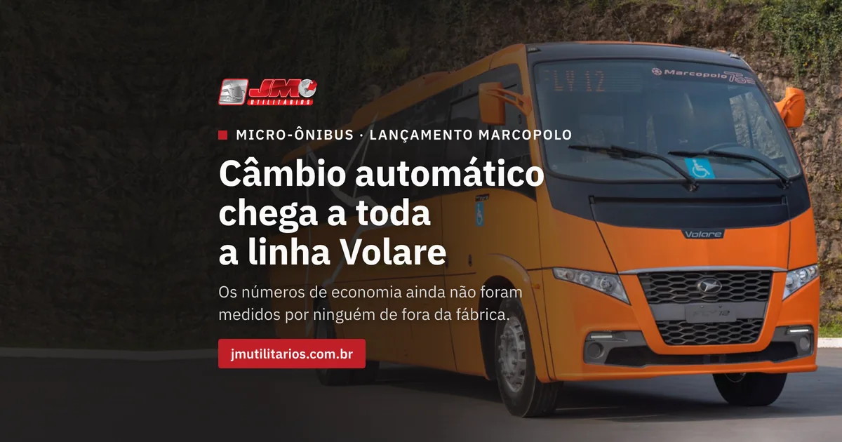 Micro-ônibus Volare Fly 12 0km da Marcopolo, geração atual, com o título 'Câmbio automático chega a toda a linha Volare' e o logo da JM Utilitários na capa da matéria.