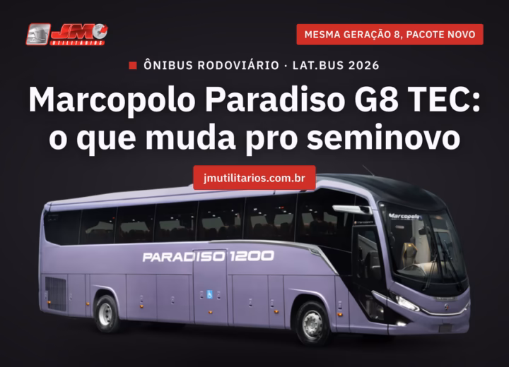 Capa da matéria da JM Utilitários sobre o Marcopolo Paradiso G8 TEC: ônibus rodoviário Marcopolo Paradiso 1200 lilás, foto de divulgação recortada sobre fundo escuro da marca, centralizado na metade de baixo da arte, em ângulo três-quartos dianteiro-lateral, com a coluna dianteira lisa: nesta unidade o kit aerodinâmico completo não está instalado, e ele só fica disponível como opcional a partir de janeiro de 2027. A arte traz, centralizados acima do veículo, o chapéu ÔNIBUS RODOVIÁRIO · LAT.BUS 2026, o título da matéria e o endereço jmutilitarios.com.br, com o logo da JM Utilitários e a tarja MESMA GERAÇÃO 8, PACOTE NOVO na linha do topo.