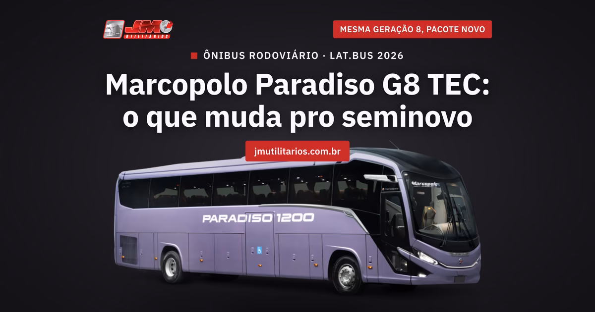 Capa da matéria da JM Utilitários sobre o Marcopolo Paradiso G8 TEC: ônibus rodoviário Marcopolo Paradiso 1200 lilás, foto de divulgação recortada sobre fundo escuro da marca, centralizado na metade de baixo da arte, em ângulo três-quartos dianteiro-lateral, com a coluna dianteira lisa: nesta unidade o kit aerodinâmico completo não está instalado, e ele só fica disponível como opcional a partir de janeiro de 2027. A arte traz, centralizados acima do veículo, o chapéu ÔNIBUS RODOVIÁRIO · LAT.BUS 2026, o título da matéria e o endereço jmutilitarios.com.br, com o logo da JM Utilitários e a tarja MESMA GERAÇÃO 8, PACOTE NOVO na linha do topo.