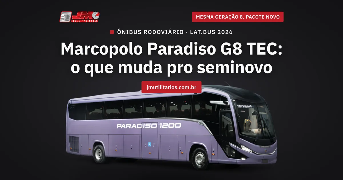 Capa da matéria da JM Utilitários sobre o Marcopolo Paradiso G8 TEC: ônibus rodoviário Marcopolo Paradiso 1200 lilás, foto de divulgação recortada sobre fundo escuro da marca, centralizado na metade de baixo da arte, em ângulo três-quartos dianteiro-lateral, com a coluna dianteira lisa: nesta unidade o kit aerodinâmico completo não está instalado, e ele só fica disponível como opcional a partir de janeiro de 2027. A arte traz, centralizados acima do veículo, o chapéu ÔNIBUS RODOVIÁRIO · LAT.BUS 2026, o título da matéria e o endereço jmutilitarios.com.br, com o logo da JM Utilitários e a tarja MESMA GERAÇÃO 8, PACOTE NOVO na linha do topo.