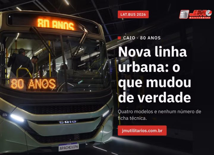 Capa da matéria da JM Utilitários sobre a nova linha urbana da Caio: foto do Caio Apache VIP VI de frente no estande da Lat.Bus 2026, carroceria verde-oliva, letreiro em LED com o texto 80 ANOS e placa de exposição escrita APACHEVIP6, com o estande da feira ao fundo. Na coluna à direita, sobre fundo escurecido, a arte traz a tarja LAT.BUS 2026, o chapéu CAIO · 80 ANOS, o título Nova linha urbana: o que mudou de verdade, o subtítulo Quatro modelos e nenhum número de ficha técnica, o endereço jmutilitarios.com.br e o logo da JM Utilitários.