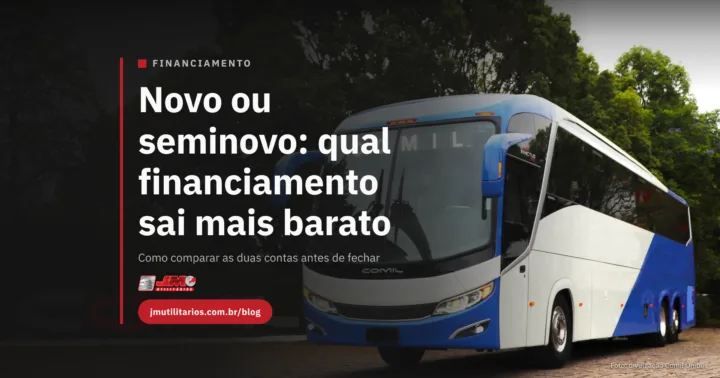 Ônibus rodoviário Comil Campione Invictus 1200 zero-quilômetro, pintura branca e azul de fábrica, em ângulo frontal 3/4 — ilustra a opção de financiar ônibus novo