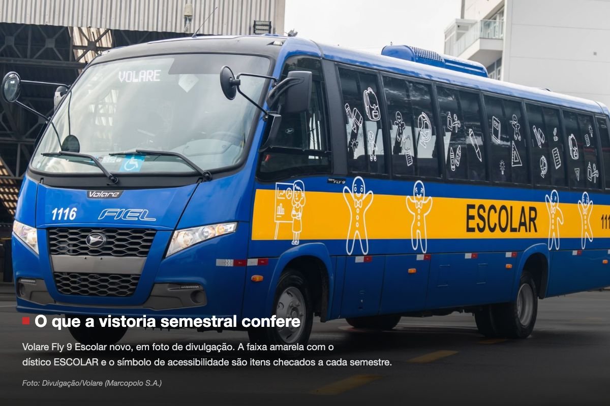 Micro-ônibus escolar Volare Fly 9 zero-quilômetro, pintura azul com faixa amarela, dístico ESCOLAR e símbolo de acessibilidade no para-brisa