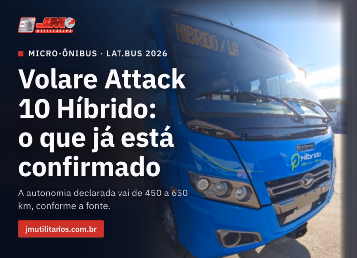 Capa da matéria da JM Utilitários sobre o Marcopolo Volare Attack 10 Híbrido: micro-ônibus Marcopolo Volare Attack 10 azul em ângulo três-quartos dianteiro, com o letreiro eletrônico aceso escrevendo HÍBRIDO e o selo Híbrido Elétrico + Etanol no capô. A arte traz o chapéu MICRO-ÔNIBUS · LAT.BUS 2026, o título da matéria, o subtítulo A autonomia declarada vai de 450 a 650 km, conforme a fonte, o endereço jmutilitarios.com.br e o logo da JM Utilitários.