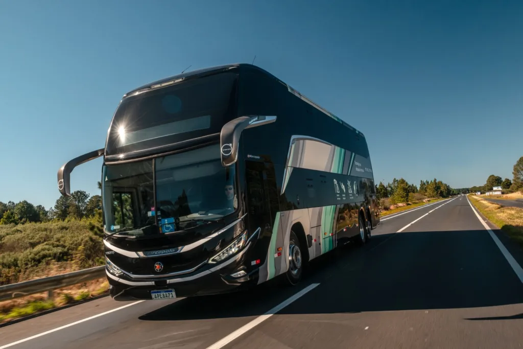 Ônibus rodoviário de dois andares com chassi Volvo B420R 6x2, em estrada ao fim da tarde
